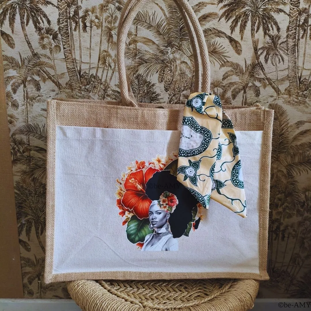 Grand Sac en Jute Personnalisé Afro et foulchi wax – Image 2